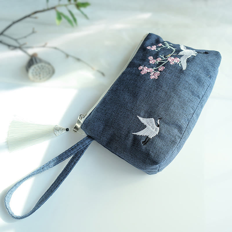 Nimara Ritual Small Flower Plum Cherry Crane Peach Blossom Embroidery Canvas Wallet Shopping Purse