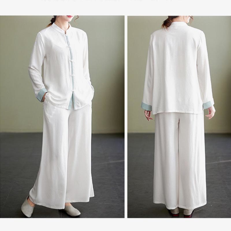 Nimara Ritual 2Pcs Tang Suit Long Sleeve Shirt Top Pants Meditation Zen Tai Chi Cotton Linen Clothing Women's Set