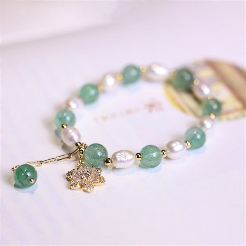 Nimara Ritual Natural Green Strawberry Quartz Pearl Flower Charm Love Bracelet