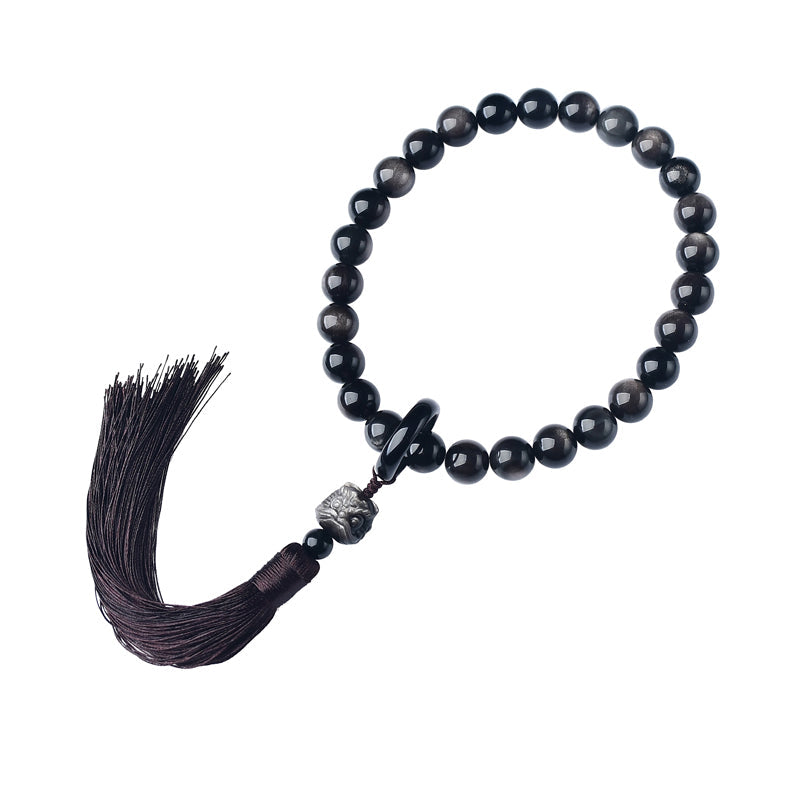 Nimara Ritual Natural Silver Sheen Obsidian Lion Wrist Mala Protection Tassels Pocket Mala Car Decoration