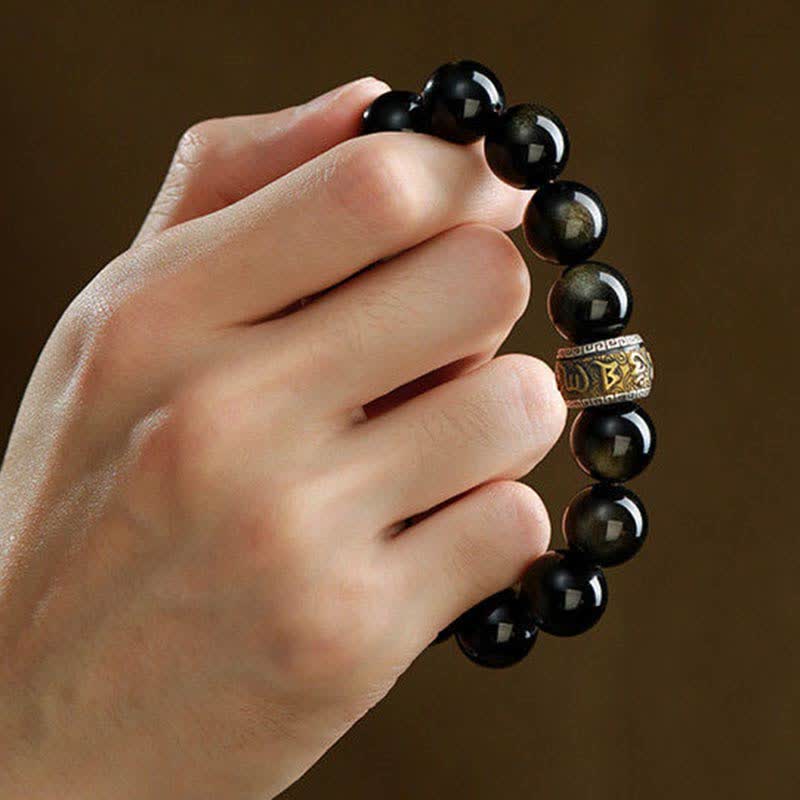 Nimara Ritual Gold Sheen Obsidian PiXiu Cinnabar Om Mani Padme Hum Protection Bracelet