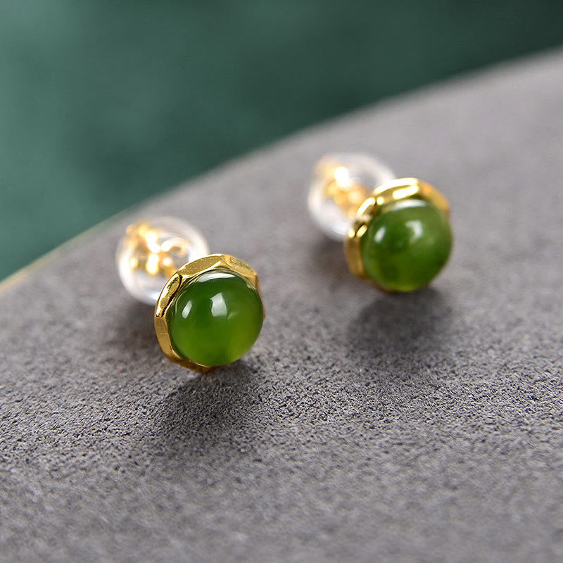 Nimara Ritual 925 Sterling Silver Plated Gold Natural Hetian Cyan Jade Bead Luck Stud Earrings