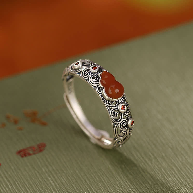 Nimara Ritual 925 Sterling Silver Red Agate Cyan Jade Gourd Blessing Auspicious Ring