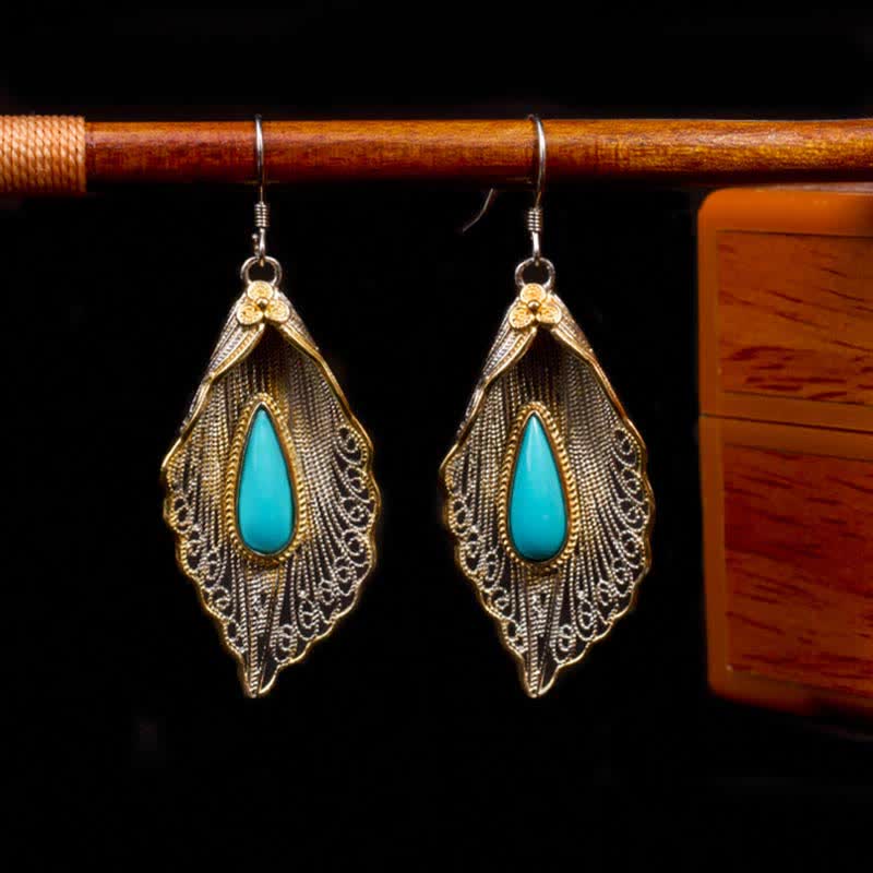 Nimara Ritual 925 Sterling Silver Turquoise Bodhi Leaf Pattern Protection Drop Dangle Earrings