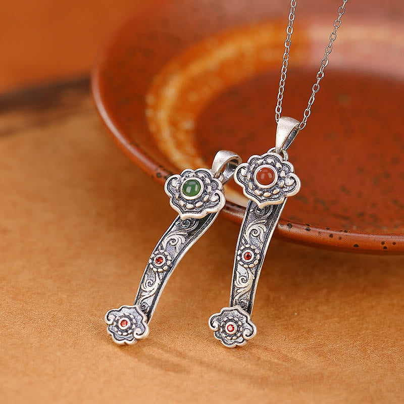 Nimara Ritual 925 Sterling Silver Red Agate Cyan Jade Auspicious Clouds Ruyi Handle Blessing Necklace Pendant