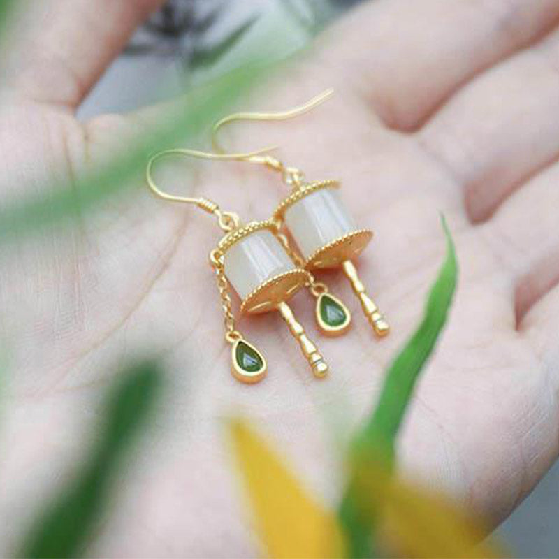 Nimara Ritual 925 Sterling Silver Jade Prayer Wheel Luck Drop Earrings
