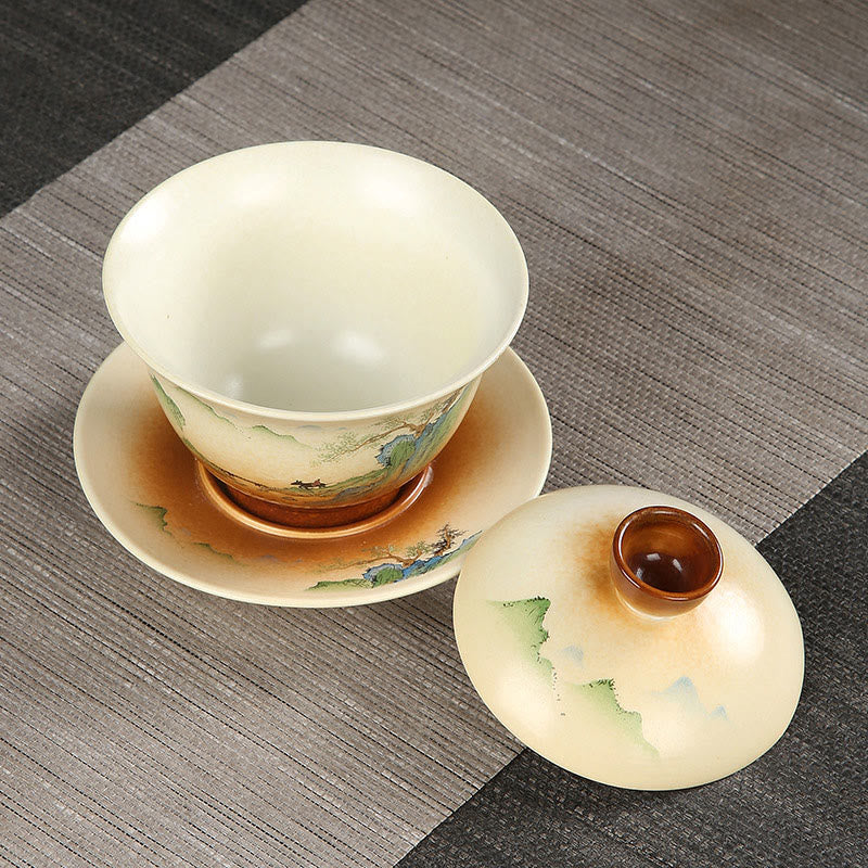 Nimara Ritual Mountain Landscape Countryside Ceramic Gaiwan Sancai Teacup Kung Fu Tea Cup And Saucer With Lid