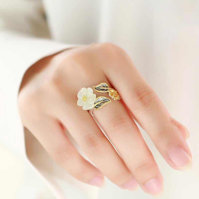 Nimara Ritual 925 Silver Plated Copper White Jade Plum Flower Leaf Luck Ring