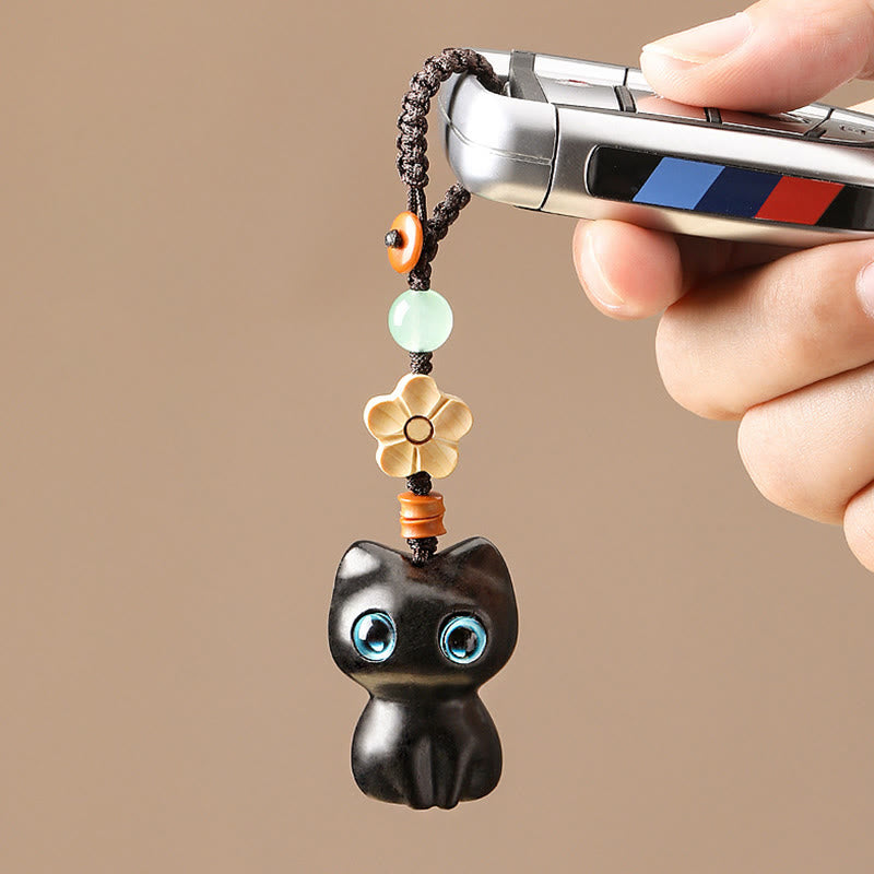 Nimara Ritual Mini Small Leaf Red Sandalwood Ebony Wood Lucky Cat Lovely Kitty Peace Key Chain Phone Hanging Decoration