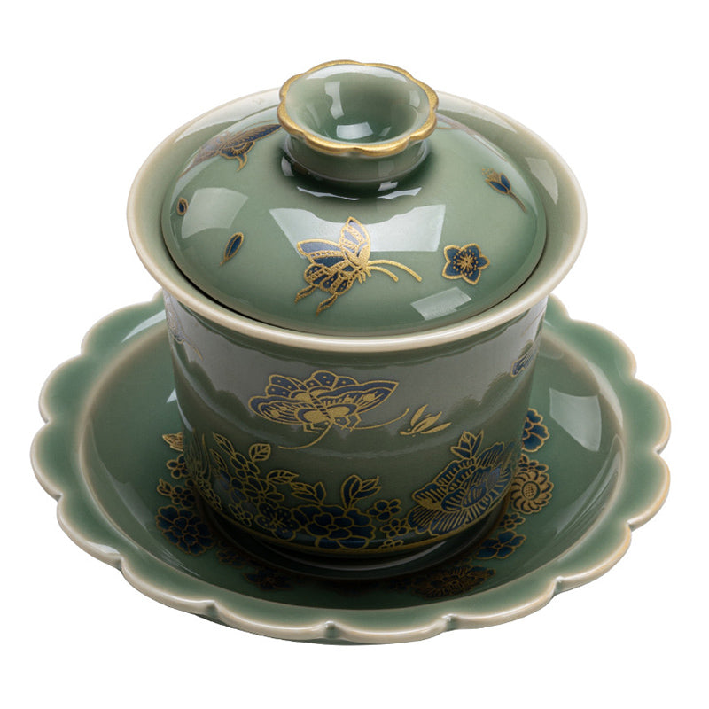 Nimara Ritual Green Porcelain Butterfly Flower Salmon Fish Ceramic Gaiwan Sancai Teacup Kung Fu Tea Cup And Saucer With Lid