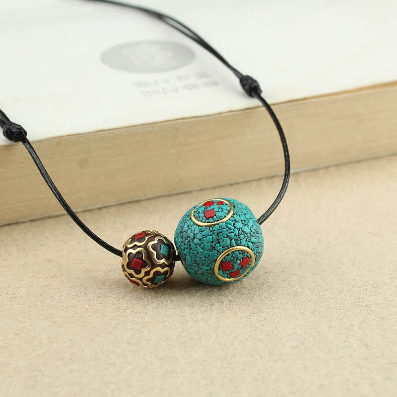 Nimara Ritual Tibetan Turquoise Double Bead Protection Strength Necklace Pendant