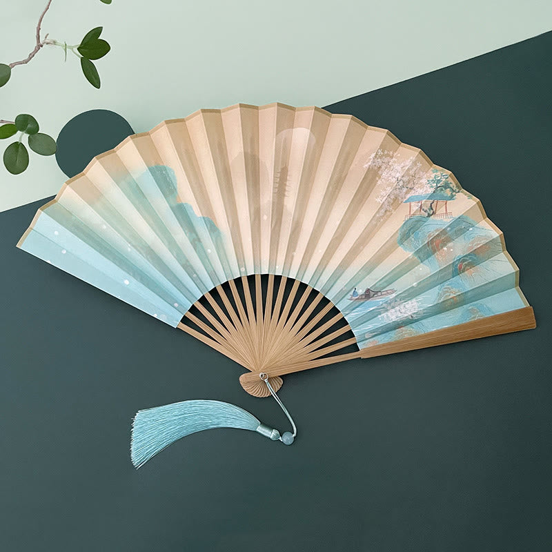 Nimara Ritual Retro Lotus Flower Leaf Mountain Lake Handheld Folding Fan With Bamboo Frames