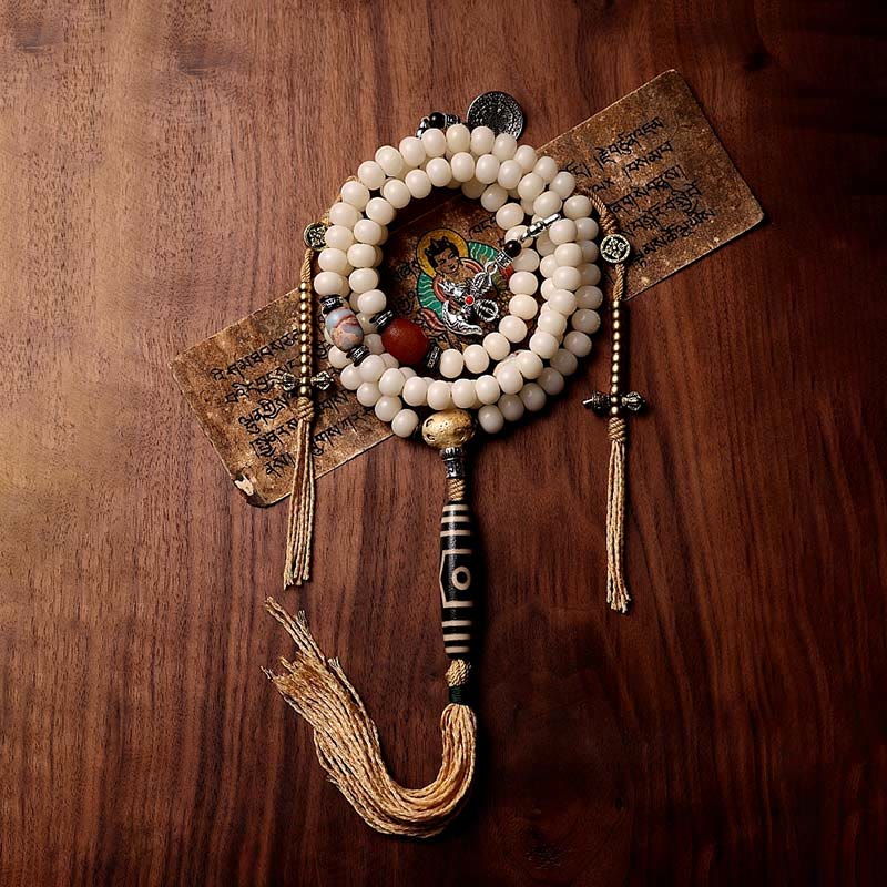 Nimara Ritual Tibet 108 Mala Beads Bodhi Seed Bagua Vajra Dzi Bead Gray Agate Wealth Bracelet