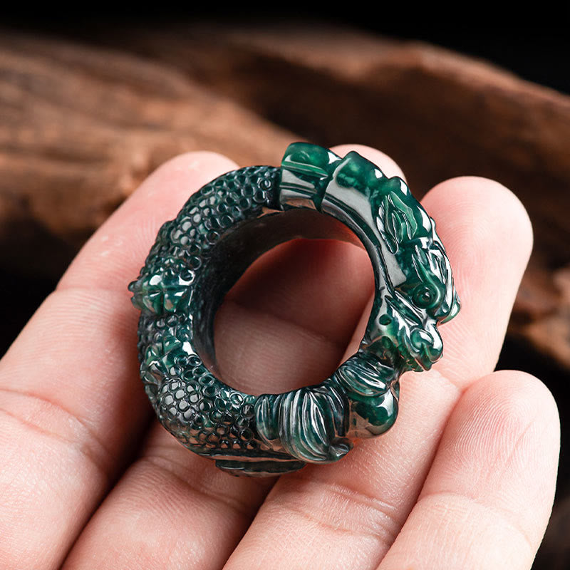 Nimara Ritual Natural Cyan Jade Dragon Carved Success Ring