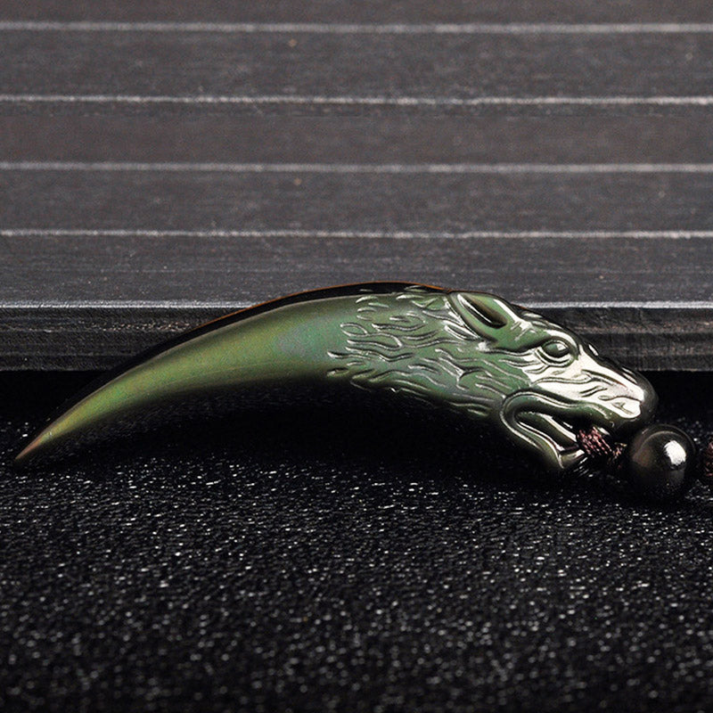 Nimara Ritual Natural Black Obsidian Ice Obsidian Rainbow Obsidian Wolf Tooth Pattern Strength Necklace Pendant