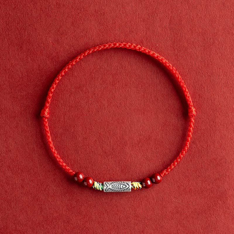 Nimara Ritual 925 Sterling Silver Koi Fish Cinnabar Bead Wealth Handcrafted Braided Bracelet Anklet
