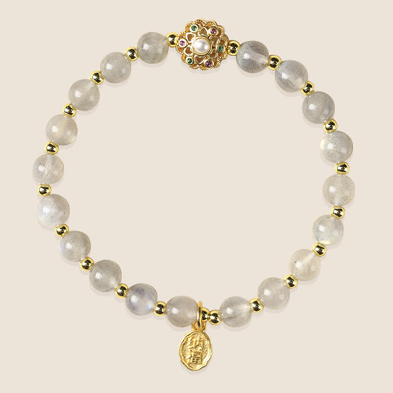 Nimara Ritual 14K Gold Plated Natural Strawberry Quartz Labradorite Sun Stone Fu Character Positive Charm Bracelet