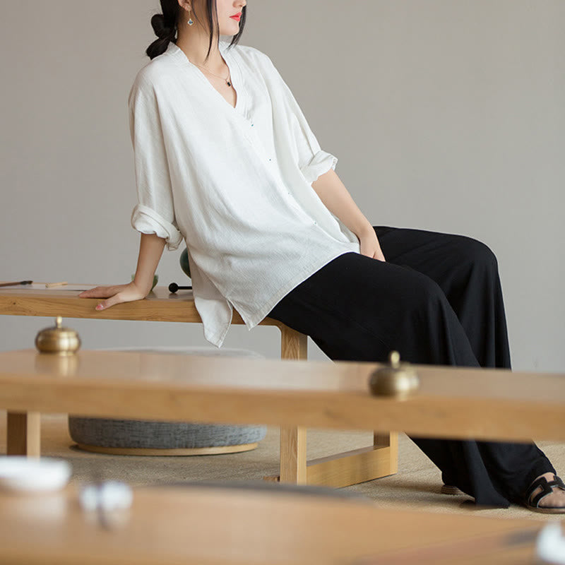 Nimara Ritual V-Neck Blouse Women Shirt Long Sleeve Top Chinese Hanfu Style Clothing
