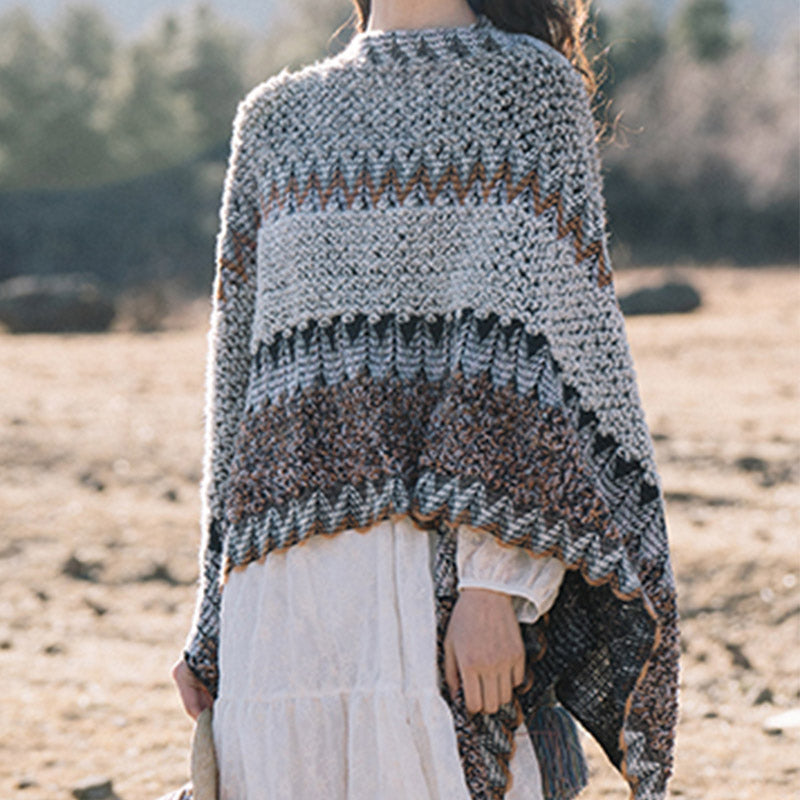 Nimara Ritual Tibetan Shawl Gray Brown Striped Knitted Tassels Winter Cozy Travel Scarf Wrap