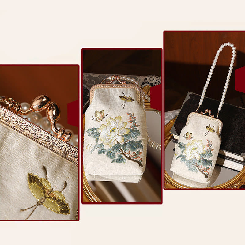 Nimara Ritual Small Flowers Butterfly Embroidered Pearl Metal Chain Shoulder Bag Crossbody Handbag Cellphone Bag