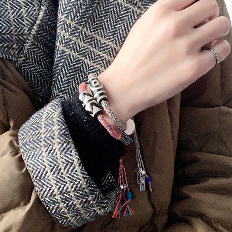 Nimara Ritual Tibetan 925 Sterling Silver Om Mani Padme Hum Handmade Dzi Bead Protection Braid Bracelet