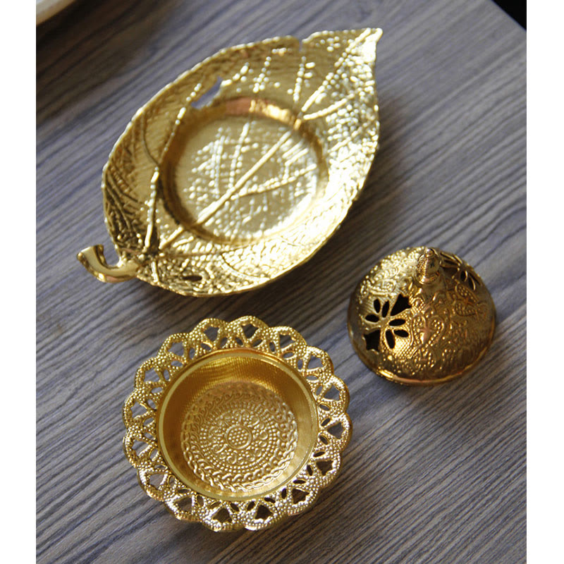 Nimara Ritual Tibetan Gold Mini Leaf Coaster Meditation Incense Burner