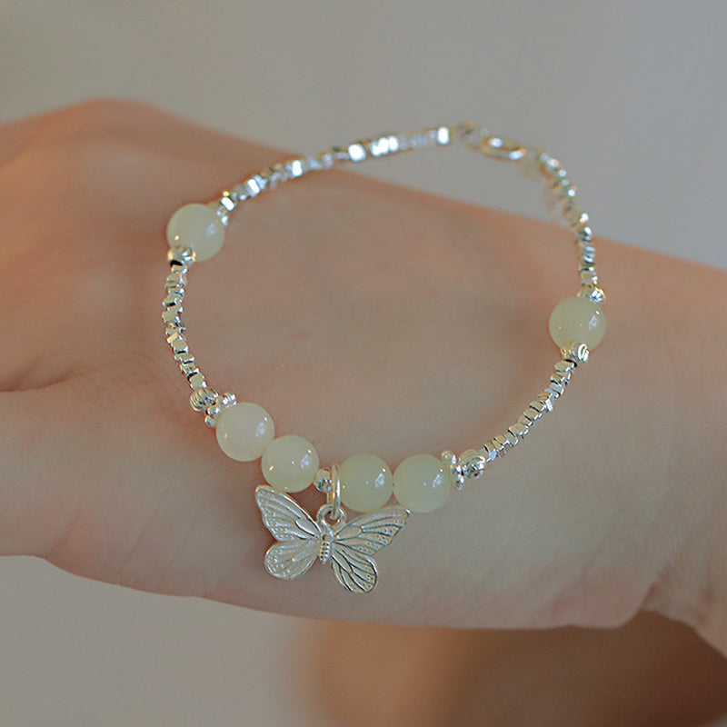 Nimara Ritual 925 Sterling Silver Natural Hetian Jade Luck Butterfly Charm Bracelet