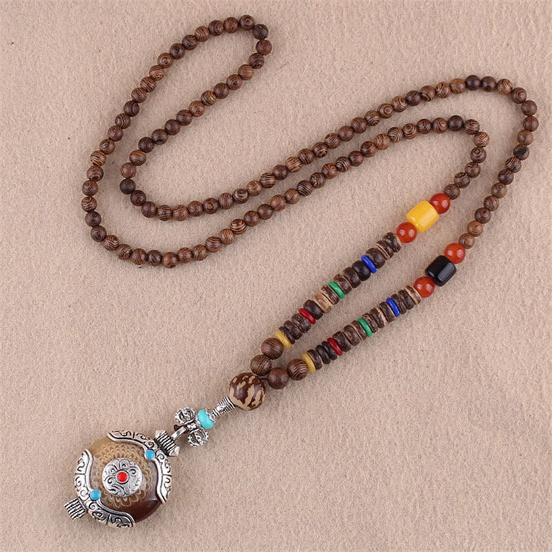 Nimara Ritual Tibetan Wenge Wood Bodhi Seed Agate Elephant Protection Necklace Pendant