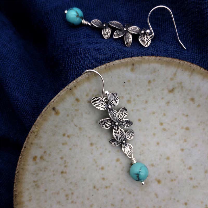 Nimara Ritual 925 Sterling Silver Turquoise Lazurite Flower Leaf Serenity Protection Hook Drop Dangle Earrings
