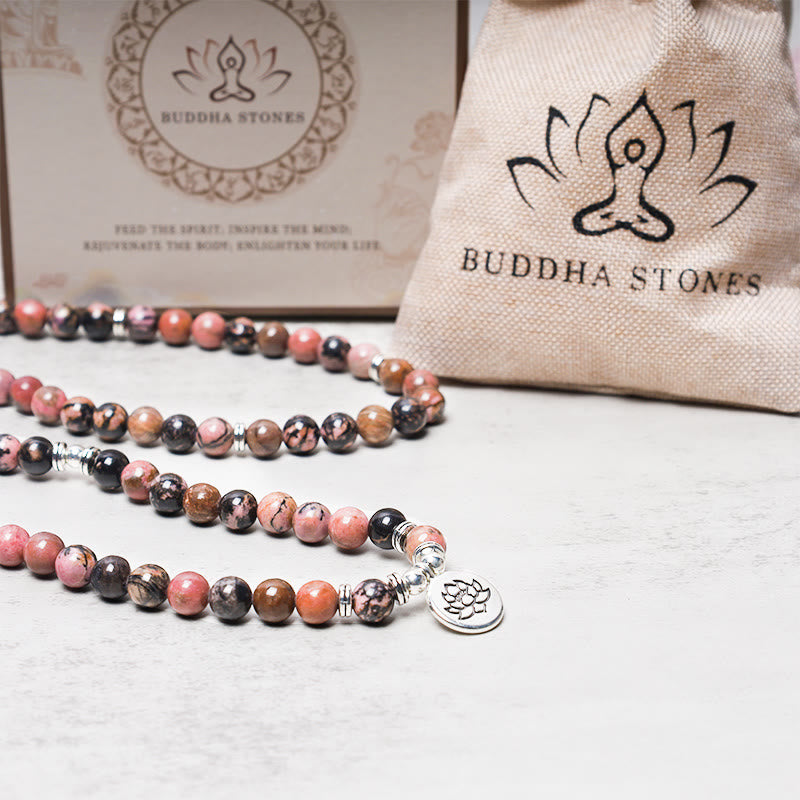 Nimara Ritual 108 Mala Beads Rhodonite Lotus Compassion Energy Bracelet