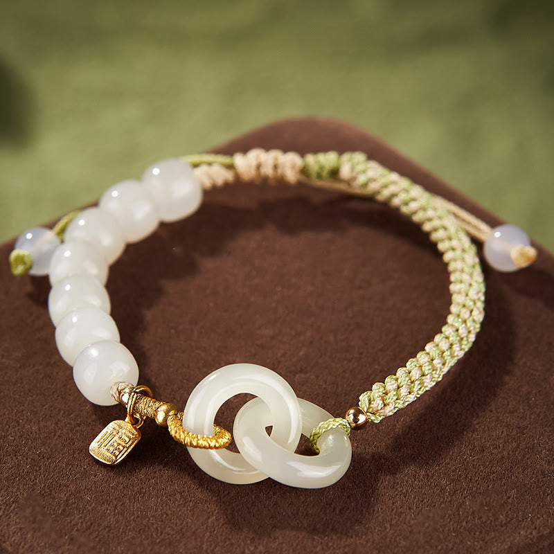Nimara Ritual Natural Hetian Jade Bead Double Peace Buckle Fu Character Abundance Braided Bracelet