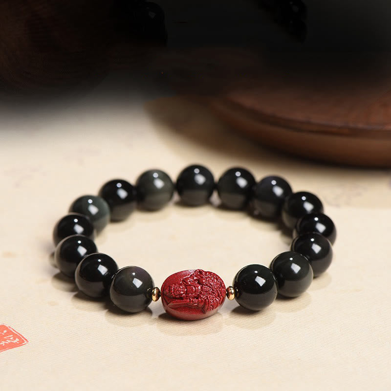 Nimara Ritual Chinese Zodiac Natal Buddha Natural Black Obsidian Cinnabar Purification Bracelet