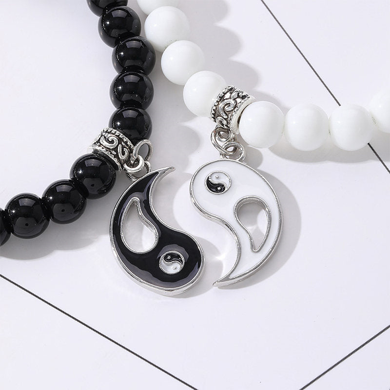 Nimara Ritual 2Pcs Black Onyx White Turquoise Bead Yin Yang Protection Couple Bracelet