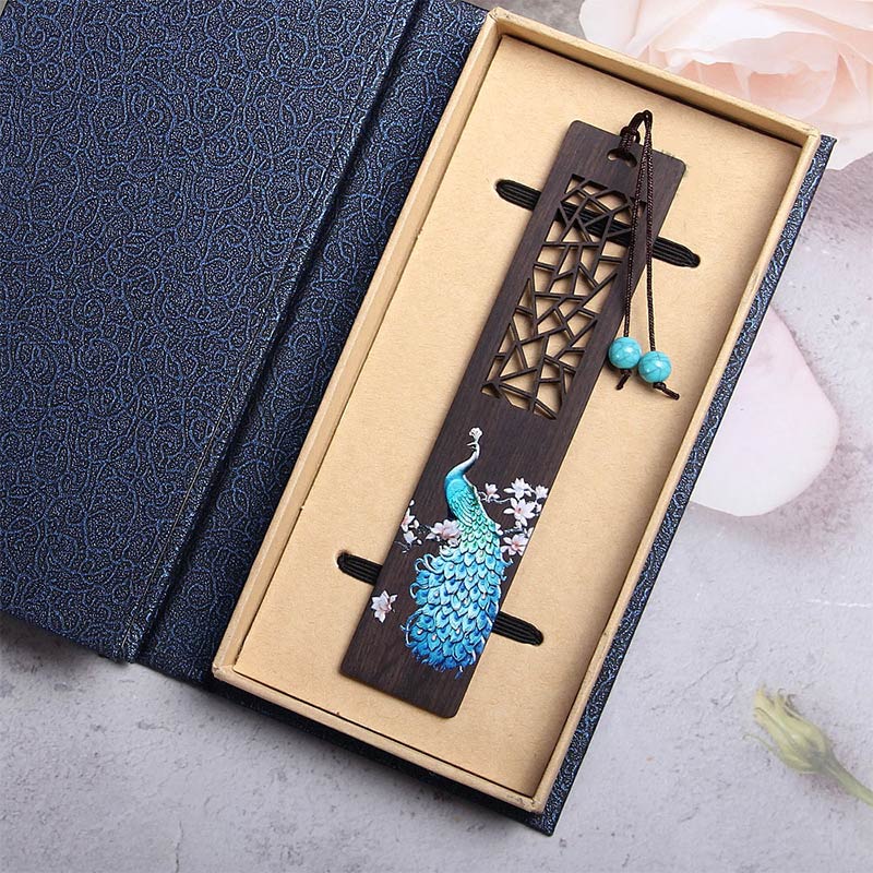 Nimara Ritual Blue Peacock Ebony Wood Bookmarks With Gift Box