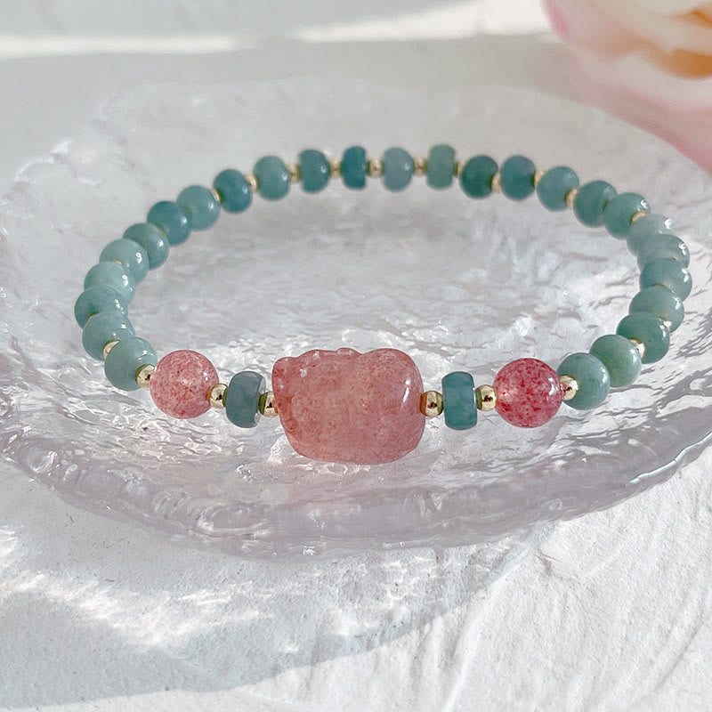 Nimara Ritual Natural Hetian Jade Pearl Peace Buckle Fu Character Gourd Money Bag Strawberry Quartz PiXiu Luck Bracelet