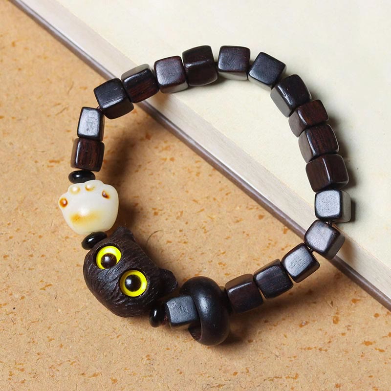 Nimara Ritual Ebony Wood Cute Cat Bodhi Seed Paw Claw Square Beads Calm Bracelet