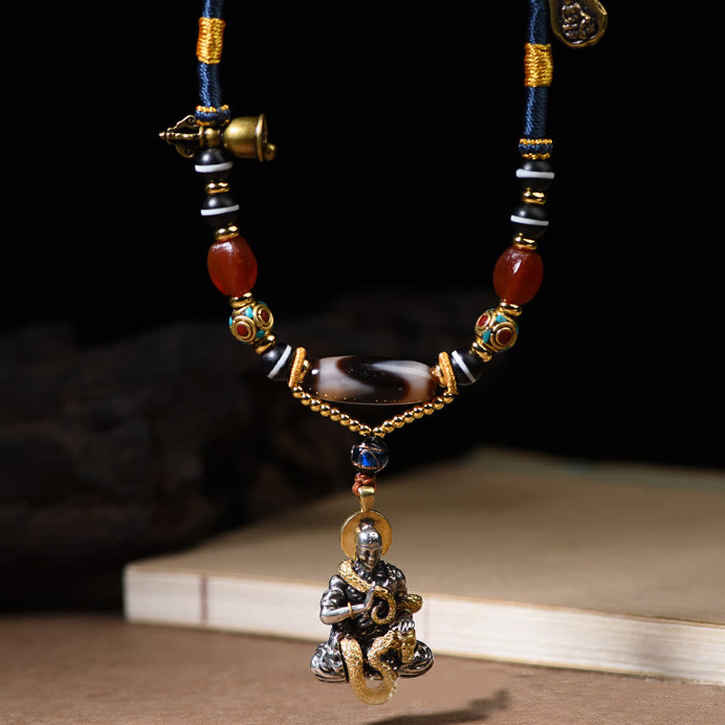 Nimara Ritual Handmade Buddha Snake Skull Head Dzi Bead Serenity Rope Necklace Pendant