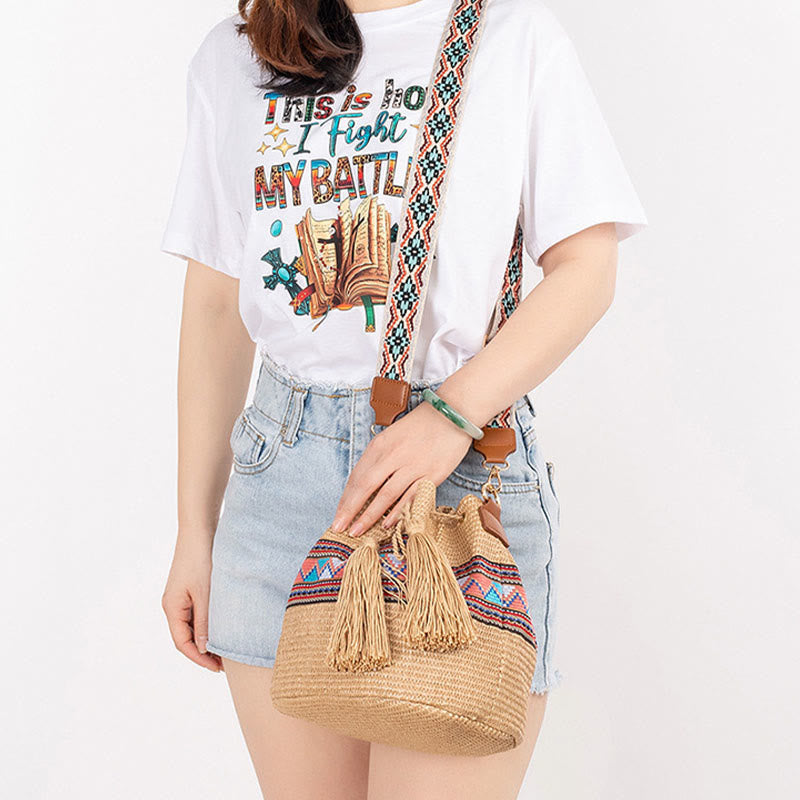 Nimara Ritual Beach Geometry Straw Woven Bucket Tassels Crossbody Bag Shoulder Bag