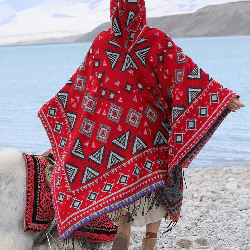 Nimara Ritual Tibetan Shawl Triangle Pattern Hooded Cloak Winter Cozy Travel Scarf Wrap