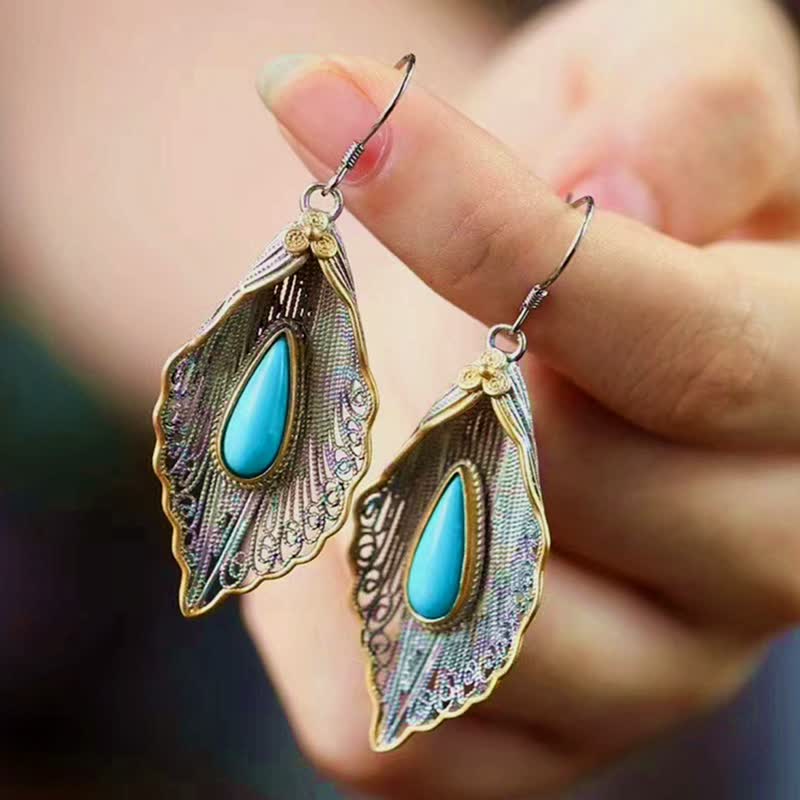 Nimara Ritual 925 Sterling Silver Turquoise Bodhi Leaf Pattern Protection Drop Dangle Earrings