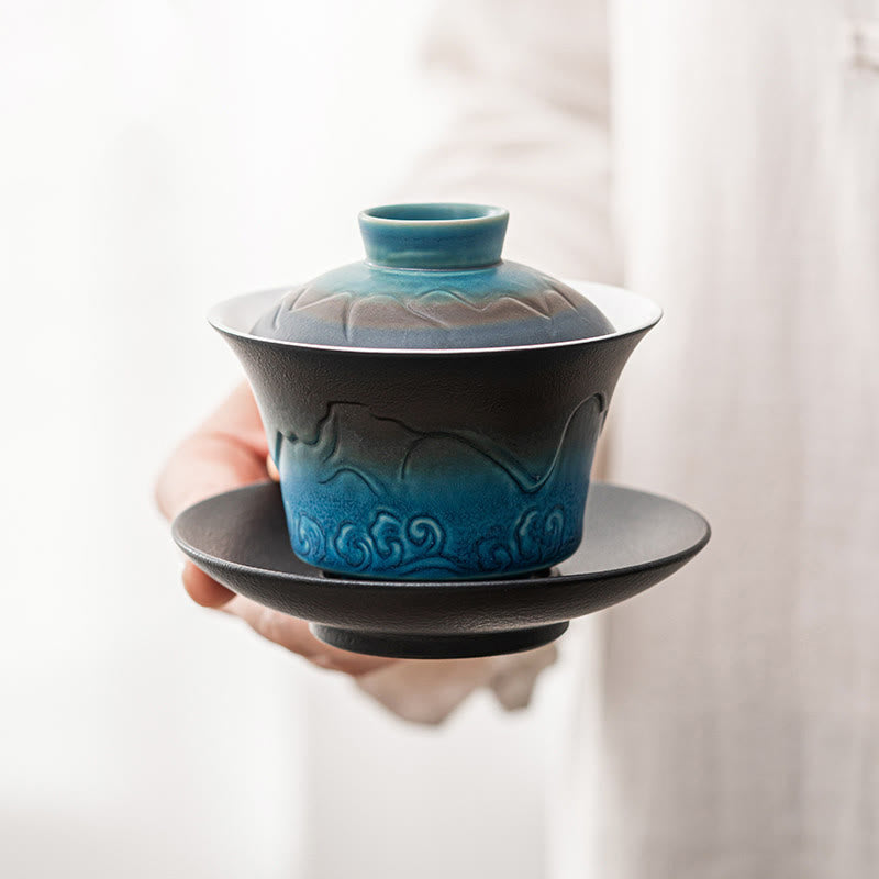 Nimara Ritual Retro Blue Ocean Sea Waves Gradient Ceramic Gaiwan Sancai Teacup Kung Fu Tea Cup And Saucer With Lid