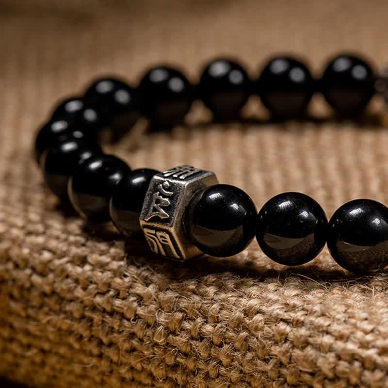 Nimara Ritual Chinese Zodiac Natal Buddha 925 Sterling Silver Black Obsidian Moonstone Strength Bracelet