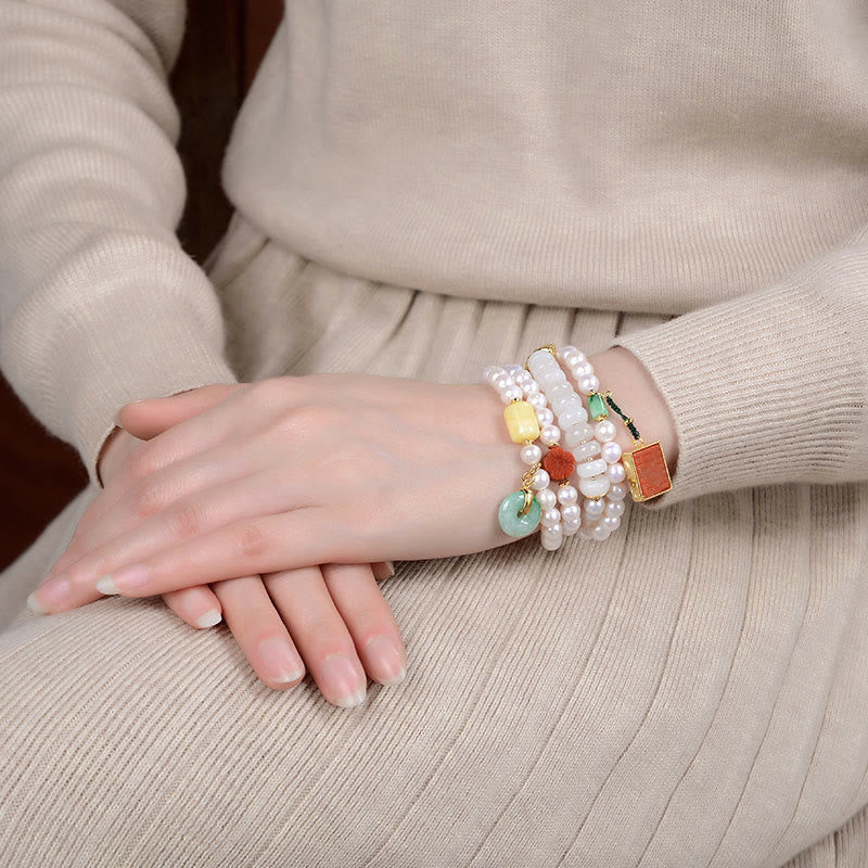 Nimara Ritual 925 Sterling Silver Pearl Hetian Jade Red Agate Double Happiness Amber Luck Quadruple Wrap Bracelet