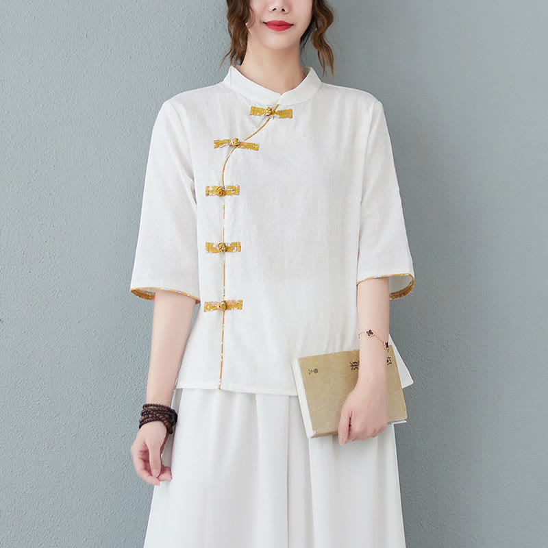Nimara Ritual Floral Pattern Frog-Button Half Sleeve Cotton Linen Shirt