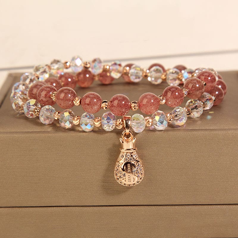 Nimara Ritual Strawberry Quartz White Crystal Money Bag Charm Positive Bracelet