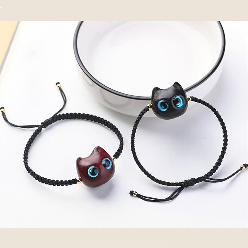 Nimara Ritual Small Leaf Red Sandalwood Ebony Wood Cute Cat Head Calm Protection Braided Bracelet