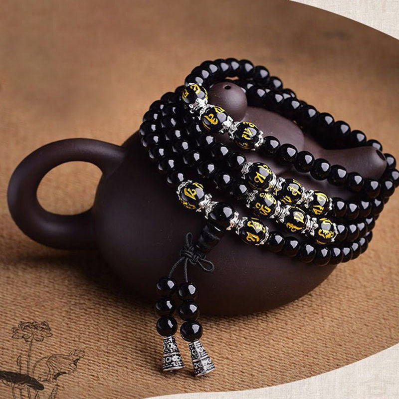 Nimara Ritual Black Obsidian Six True Words Protection Mala Bracelet
