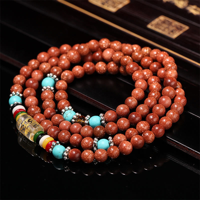 Nimara Ritual 108 Mala Beads Goldstone Om Mani Padme Hum Swastika Confidence Bracelet