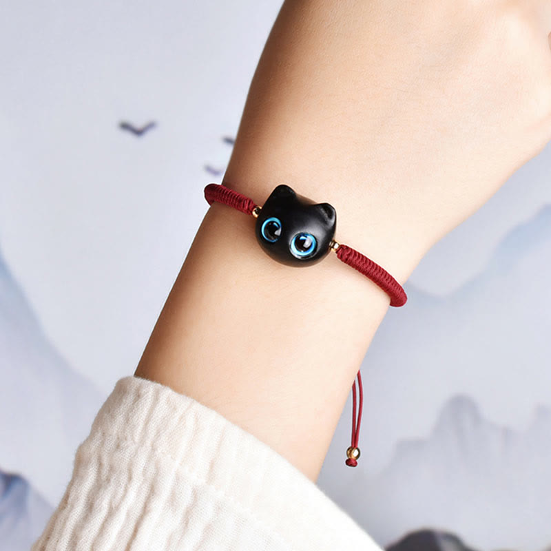 Nimara Ritual Ebony Wood Cat Head Pattern Peace King Kong Knot Braided Bracelet