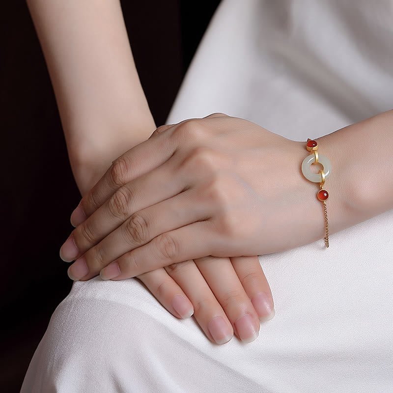 Nimara Ritual 925 Sterling Silver Plated Gold Natural Hetian Jade Peace Buckle Red Agate Luck Bracelet
